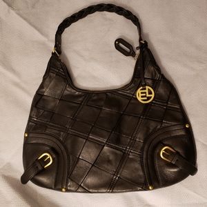 Elliott Lucca Black Leather Weave LG Shoulder Bag Purse EUC